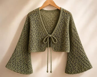 Crochet Cardigan Pattern PDF | Tie Front Bell Sleeve Shrug, Openwork Boho Style | Beginner | Sample Size S-M Digital Download