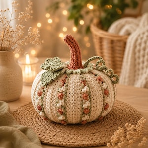 Può includere: Una zucca all'uncinetto con corpo color crema, coste verticali accentuate da piccoli punti nocciolina alternati in arancione ruggine e bianco. Presenta un gambo alto e testurizzato color ruggine, una foglia verde e un viticcio riccio.