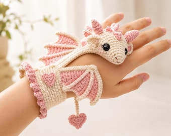 Dragon Wrist Cuff Crochet Pattern | Amigurumi Dragon Bracelet PDF | Heart Charm Wristlet | Intermediate Crochet Tutorial