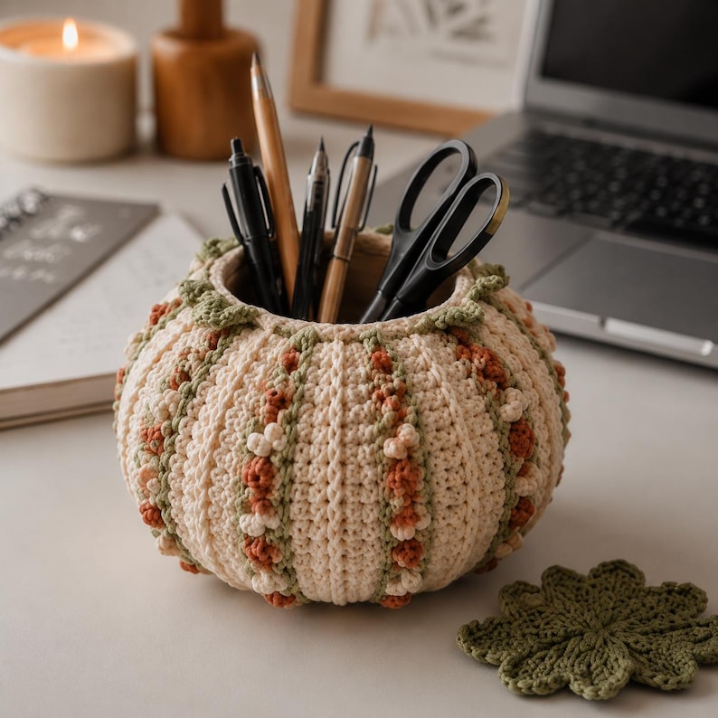 Virkat pumpamönster PDF | Elegant blommig korg med bubbelblommor | Avancerad nybörjare-mellannivå | 20 x 18 cm bild 3