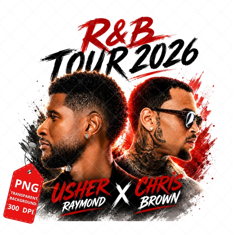 May include: A digital graphic featuring the text R&B TOUR 2026 at the top. Below, portraits of Usher Raymond and Chris Brown are positioned back-to-back against a red and black paint splatter background. Their names are printed in red and white text.