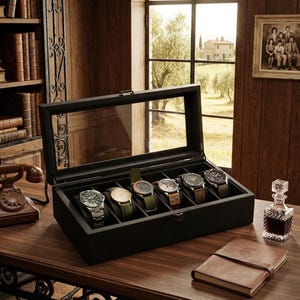 May include: A rectangular black wooden watch display case with a clear glass lid, featuring six individual compartments each containing a wristwatch on a padded cushion. The case has a metal latch closure and a smooth matte finish on the exterior.
