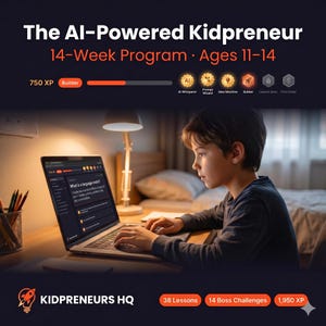 May include: A young person is focused on a laptop, illuminated by a desk lamp. The screen displays text about language models. The image promotes "The AI-Powered Kidpreneur" program for ages 11-14, with 38 lessons and 14 boss challenges.