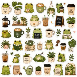 Op de afbeelding: Een verzameling gestanste stickers met groene kikkers, kamerplanten, koffiekopjes en cafetières. De ontwerpen bevatten teksten zoals Coffee Lover, Be Kind To Your Mind, Coffee Plants And Frogs en Take Time For Yourself.