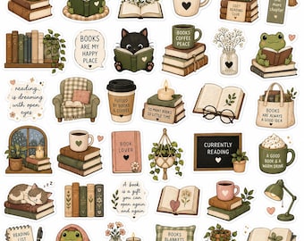 Pegatinas para amantes de los libros / Paquete de imágenes PNG para lectura acogedora y escritura en diario (descarga digital)