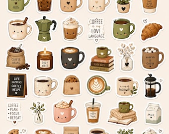 May include: A collection of die-cut stickers featuring coffee-themed illustrations including mugs with faces, coffee beans, a croissant, a French press, books, plants, and text such as COFFEE HUG, COFFEE IS MY LOVE LANGUAGE, COZY VIBES, and COFFEE PLAN FOCUS REPEAT.