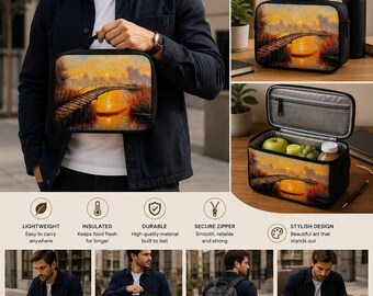 Sunset Bridge Lunch Bag, Oil Painting Landscape Tote, Artistic Nature Picnic Bag