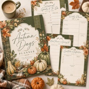 Może przedstawiać: Zestaw planerów Autumn Days z ciemnozieloną okładką ozdobioną ilustracjami dyń, kabaczków i jesiennych liści. Zestaw zawiera pasujące strony do planowania celów sezonowych, tygodnia, posiłków oraz zapisywania wdzięczności.