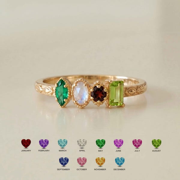 Anillo de piedra natal personalizado con color y forma / Anillo de piedra natal vintage con múltiples formas, joyería familiar personalizada, regalo del Día de la Madre para mamá / BRS005