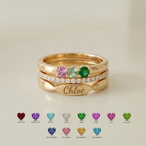 Pile de bagues avec nom personnalisé avec pierre de naissance, cadeau fête des mères pour maman, bague de famille personnalisée, bague prénom pour enfant, bague en or empilable, cadeau bijoux pour maman