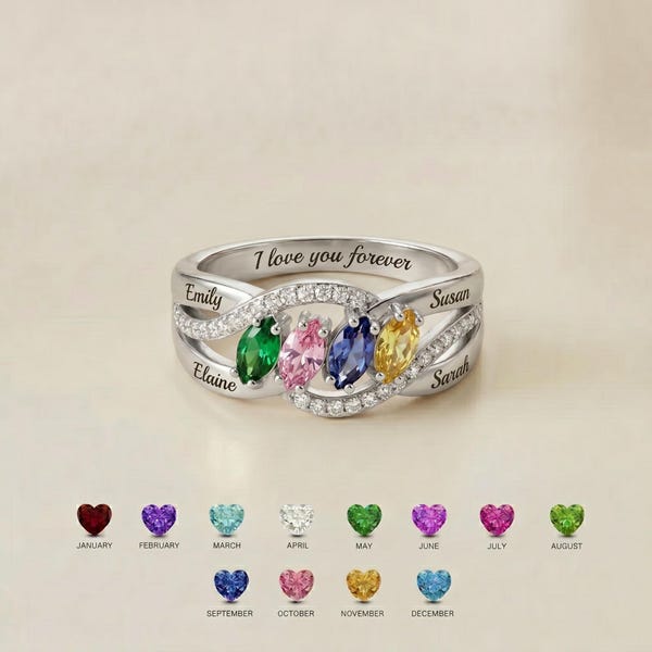 Personalized Family Birthstone Ring with 4 Custom Names |Engraved Mother's Day Ring with 4 Birthstones |Grandma Daughter Gift Jewelry|BRS061