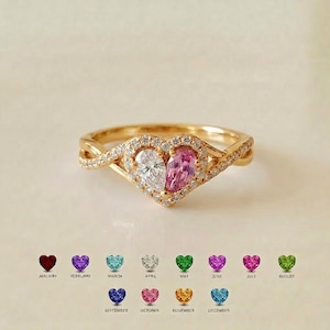 Personalized Two Stone Heart Birthstone Ring | Split Design Custom Color Mom and Daughter Birthstone Ring | Heartfelt Family Jewelry | BRS37
