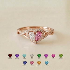 Personalized Two Stone Heart Birthstone Ring | Split Design Custom Color Mom and Daughter Birthstone Ring | Heartfelt Family Jewelry