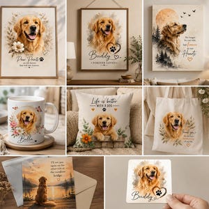 Op de afbeelding: Een collectie gepersonaliseerde items met een golden retriever, waaronder ingelijste wandkunst, een keramische mok met de naam Bella, een sierkussen, een canvas tas, een wenskaart en een vierkante onderzetter, allemaal met bloemaccenten.