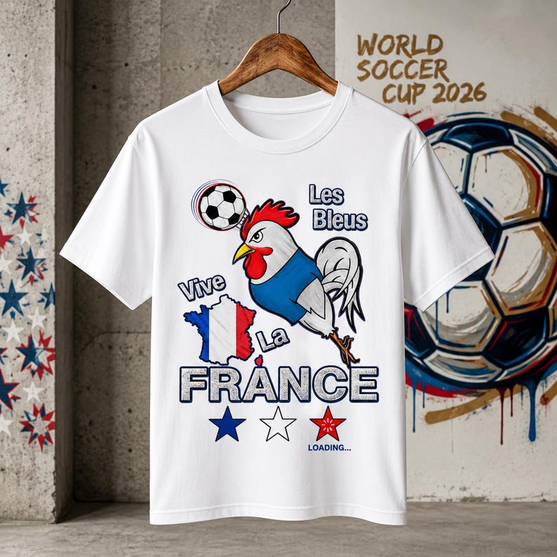 May include: White t-shirt featuring a cartoon rooster in blue and white, holding a soccer ball. The shirt has the text "Vive La France" and "Les Bleus" with a French flag design and stars. The background includes a soccer ball graphic.