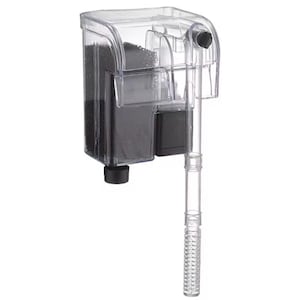 May include: A clear plastic aquarium hang-on-back filter featuring a rectangular housing, a black internal sponge filter element, a black motor housing, and a long transparent intake tube with a perforated strainer at the bottom end.