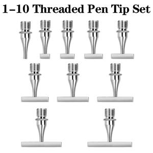 May include: A 1-10 Threaded Pen Tip Set consisting of ten individual silver-coloured metal pen tips. Each tip features a threaded top section for attachment and a distinctively shaped base, with one tip having a pointed end and nine having flat horizontal bars.