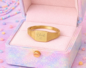 Clock It Engraved Square Signet Gold Ring with Two Font Options, Minimalist Unisex Jewelry, Unique Everyday Ring, Gen Z Slang Ring