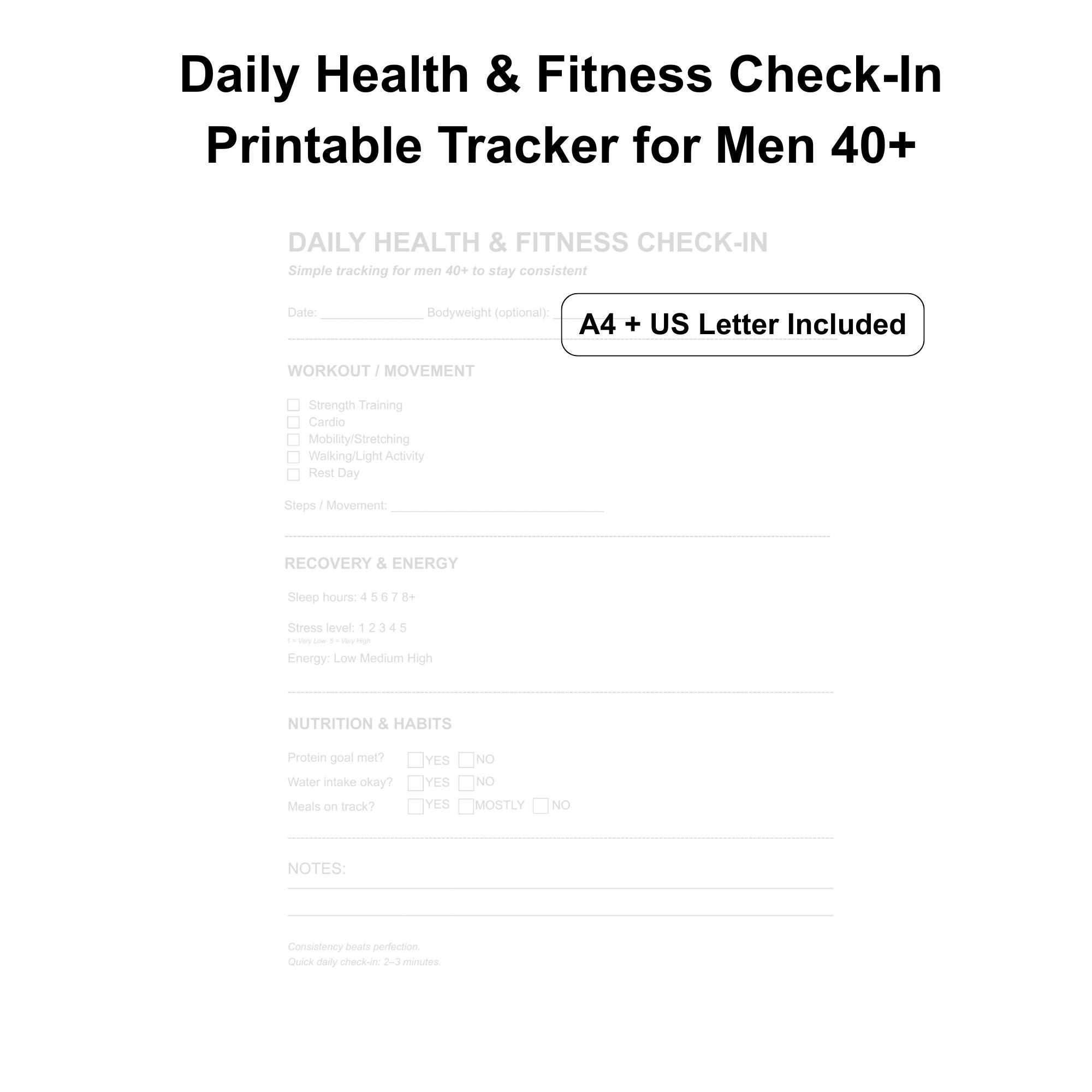 Daily Fitness Tracker Printable for Men 40+, Workout Tracker PDF, Habit ...
