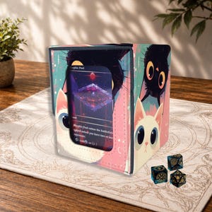 Caja para mazos de MTG, lindo soporte para cartas Commander de cuero sintético con diseño de gato, capacidad para más de 100 cartas con fundas, gatitos curiosos.