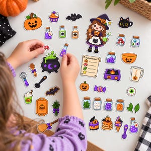 May include: A collection of Halloween-themed stickers featuring a witch, a cauldron, potion bottles, pumpkins, a black cat, a broom, and a Potion Recipe scroll. The stickers display various colorful icons including mushrooms, eyeballs, crystals, and sweets.