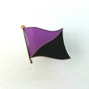 Peut inclure: Une épingle en émail de couleur violette et noire en forme de drapeau. Le drapeau est divisé en diagonale, la moitié supérieure étant violette et la moitié inférieure noire.