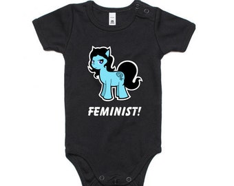FEMINIST PONY-  Babies Onesie, Romper, Bodysuit- Black suit with Blue Pony Political, Punk, Feminist. Activist, Protest, One piece infant