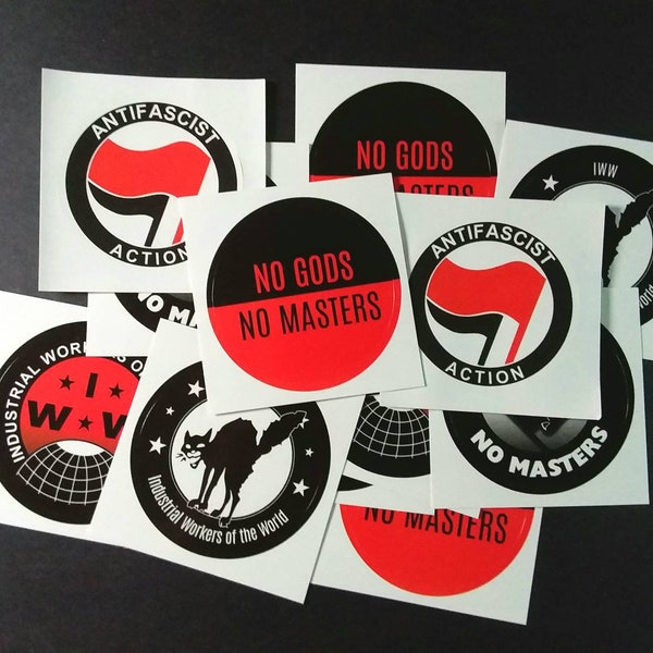 Anarchist IWW ANTIFA Sticker PACK von 12 - Keine Götter, keine Meister politische, antifaschistische Aktion, Protest, internationale Arbeiter der Welt