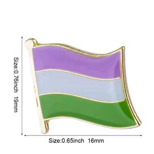 May include: A gold-coloured metal pin in the shape of a waving flag. The flag design has horizontal stripes in purple, light blue, and green. The pin measures 19mm high and 16mm wide.