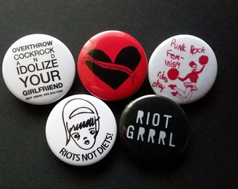RIOT Grrrl Pin BADGE Pack 5 PINS- Free Sticker!