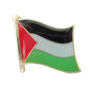 May include: A gold-colored pin with a waving Palestinian flag. The flag is red, black, white, and green.