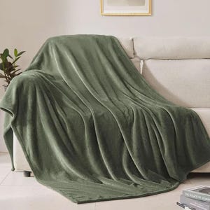 May include: A solid sage green throw blanket with a soft, plush texture draped over a light-coloured sofa. The fabric features a smooth, uniform appearance with gentle folds cascading down the front, creating a simple and clean visual aesthetic.