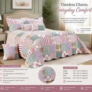 May include: A patchwork bedspread featuring a mix of floral, plaid, and stripe patterns in shades of pink, green, and white. The set includes matching pillow shams and a square throw pillow, all displayed on a bed with a scalloped edge finish.
