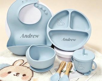 Vajilla infantil personalizada con estampado, juego de alimentación de silicona con nombre grabado a medida, vajilla para niños pequeños sin BPA, regalo de primer cumpleaños para niña.