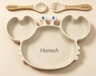 Set de alimentación para bebé personalizado con diseño de cangrejo rosa, plato dividido de silicona con nombre personalizado, kit de comida para niños pequeños, regalo para baby shower de niña.