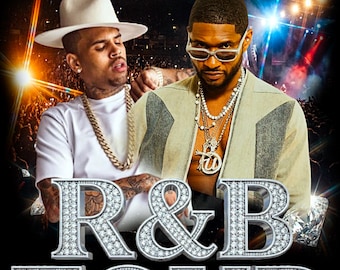 Puede incluir: Cartel de concierto con Chris Brown y Usher. Las palabras "Breezy" y "Usher" están escritas en blanco en la parte superior. Las palabras "R&B TOUR" están en letras grandes con diamantes. El fondo es oscuro con luces de escenario.