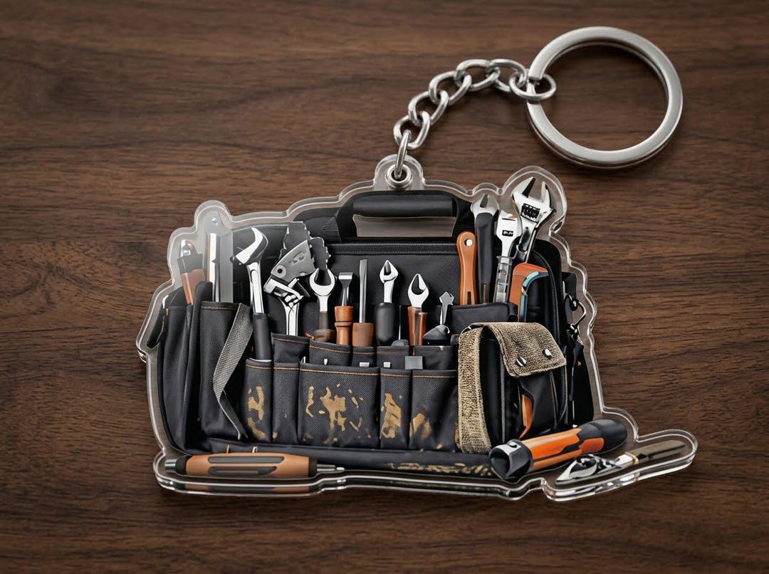 Rugged Tool Organizer Keychain, Detailed Handyman Bag Acrylic Charm ...