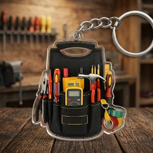 May include: A clear acrylic keychain shaped like a black tool belt, filled with miniature tools. The keychain includes pliers, screwdrivers, a hammer, a multimeter, and tape. A silver chain and keyring are attached to the top.