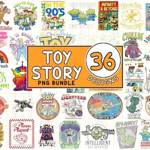 May include: A bundle of 36 Toy Story PNG designs. The designs showcase characters and phrases from the film, such as Woody, Buzz Lightyear, and the aliens. The designs are in diverse styles, including vintage and retro.