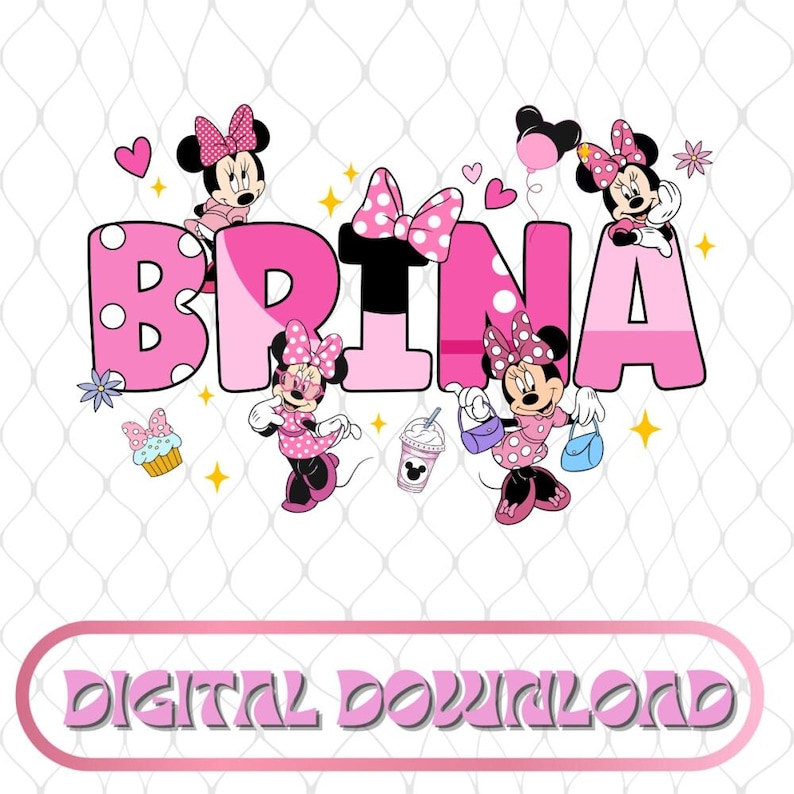 Illustrazione personalizzata con il nome di Minnie Mouse / PNG personalizzato, Download digitale di Minnie Mouse rosa per il compleanno), Minnie Mouse di Disneyland immagine 1