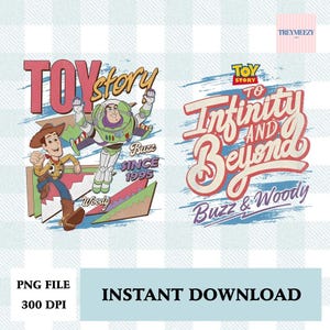 Puede incluir: Un diseño gráfico digital que presenta a los personajes de Toy Story, Woody y Buzz Lightyear, con el texto TOY story, Buzz, SINCE 1995, Woody y la frase To Infinity and Beyond Buzz & Woody. El diseño incluye formas geométricas coloridas y trazos.