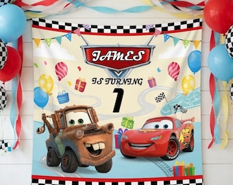 Custom Cars Name & Age, Cars Birthday Backdrop, Lightning Mcqueen Tow Mater Banner, Race Car Party Decor, Gift for Birthday