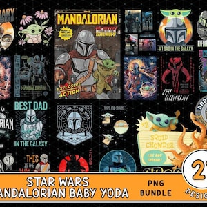 Può includere: Una collezione di 21 design PNG di Star Wars Mandalorian Baby Yoda. I design presentano illustrazioni del Mandaloriano e Baby Yoda, con testo come "Best Dad" e "This is the Way". I design sono in vari colori e stili.