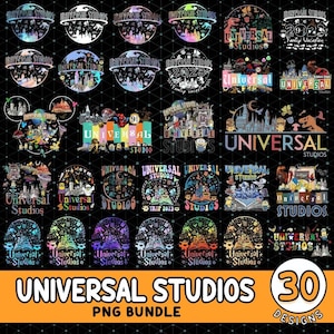 May include: A collection of 30 Universal Studios PNG designs. The designs feature various logos, characters, and attractions from Universal Studios, with text that reads "Universal Studios" and "PNG Bundle". The designs are in a variety of colors.