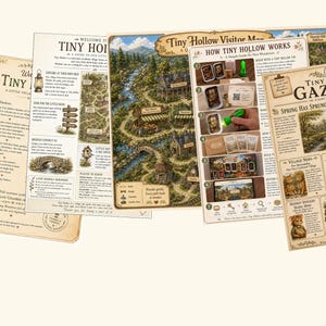 May include: A collection of printed paper documents including a Tiny Hollow Visitor Map, a Tiny Hollow Gazette, and informational guides. The papers feature detailed illustrations of a forest village, text, and instructions for a scavenger hunt.