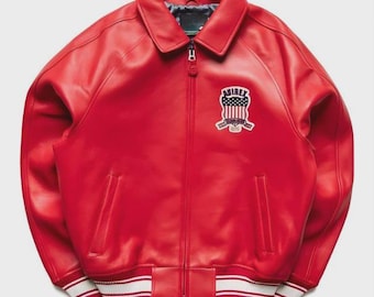 Chaqueta bomber Avirex de cuero negro para hombre, corte holgado, estilo clásico estadounidense.