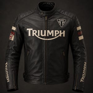 Könnte beinhalten: Schwarze Motorradjacke aus Leder mit dem Triumph-Logo auf der Brust und den Ärmeln. Mit einem Union Jack-Patch am linken Arm und einem gesteppten Schulterdesign. Die Jacke hat einen Reißverschluss vorne und mehrere Taschen.