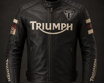 Chaqueta de moto de cuero negro estilo Triumph para hombre – Chaqueta motera estilo café racer vintage con hombros acolchados y franjas de carreras.