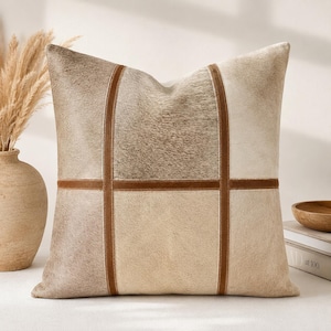 Cowhide Cushion Cover Light Beige Leather Pillow | Handmade Hair on Hide Patchwork Throw | Rustic Farmhouse Decor | 14x14 16x16 18x18