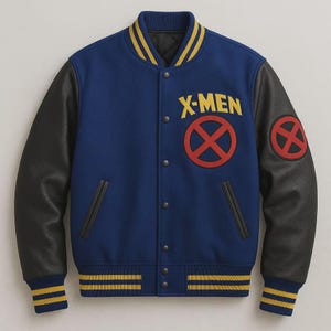 May include: A blue varsity jacket with black sleeves, featuring the yellow text X-MEN and a red circular logo on the chest. A matching red circular logo is on the left sleeve. The jacket has a snap-button front, two side pockets, and striped yellow and blue ribbed trim on the collar, cuffs, and hem.
